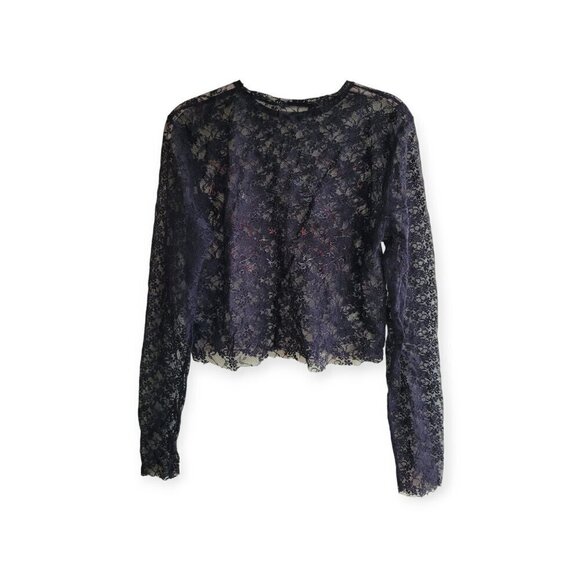 Zara Black Semi-Sheer Lace Bird Print Crop Top EUC size S - Picture 4 of 7